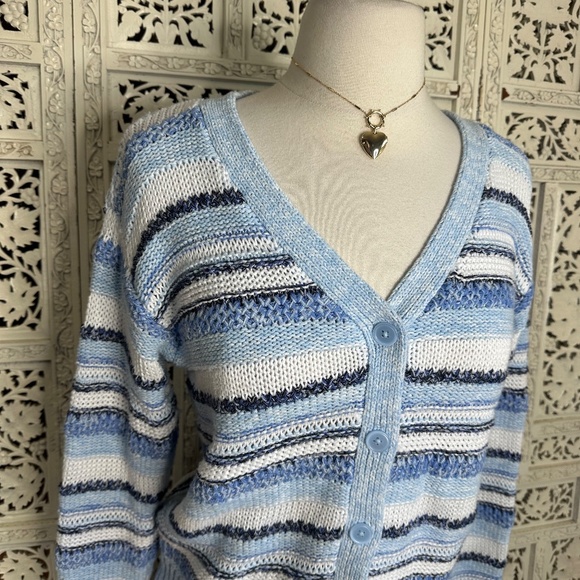 Talbots Blue & White Striped Chunky Button Up Grannycore Cardigan Sz Small - Picture 2 of 8